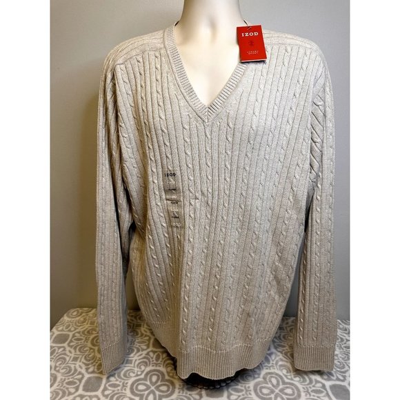 Izod Other - Izod 100% Cotton Beige V-Neck Cable Knit Sweater, NWT, Mens XL, $65 Retail
